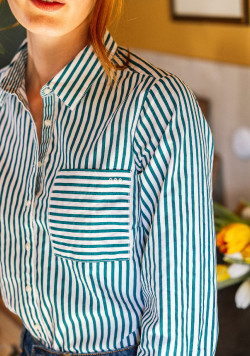 Chemise manches longues 100% coton Rayée Vert Femme
