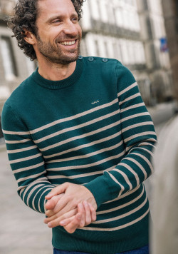 Pull rayé Manches longues vert et beige 100% coton Homme