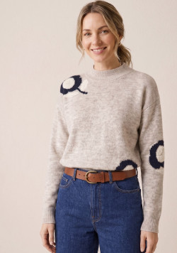 Pull femme col montant beige à motif