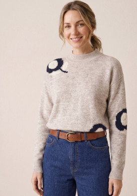 Pull femme col montant beige à motif Pull femme col montant beige à motif