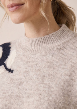 Pull femme col montant beige à motif