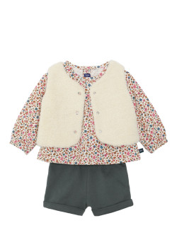 Ensemble Blouse imprimée/ Short et Gilet Bébé Fille