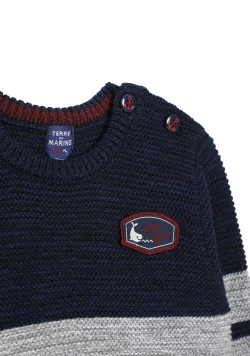 Pull bleu marine rayé gris 100% coton Bébé Garçon