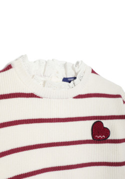 Pull fille avec col broderie anglaise rayé écru et rouge