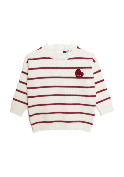 Pull fille avec col broderie anglaise rayé écru et rouge