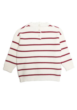 Pull fille avec col broderie anglaise rayé écru et rouge