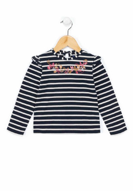 Marinière manches longues Fille marine rayée blanche avec imprimé Marinière manches longues Fille marine rayée blanche avec imprimé