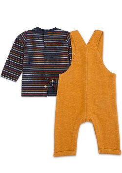 Ensemble Bébé salopette jaune ocre + t-shirt manches longues rayé