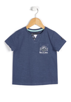 T-shirt Garçon bleu ardoise col tunisien