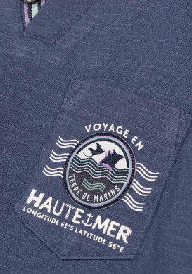 T-shirt Garçon bleu ardoise col tunisien