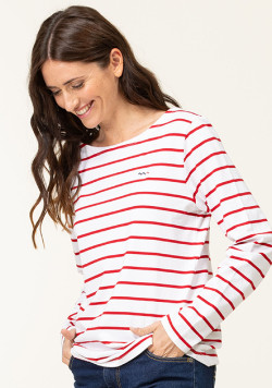 Marinière manches longues Femme blanc rayé rouge