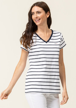 Marinière manches courtes Femme blanc rayé bleu marine