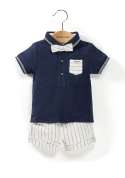 Ensemble Bébé Garçon polo marine + bermuda et noeud papillon