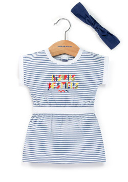 Ensemble Bébé bleu marine robe rayée + bandeau