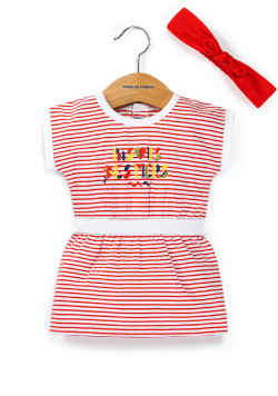 Ensemble rouge Bébé Fille robe rayée + bandeau