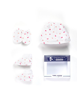 Boite cadeau Bébé Bonnet + chaussons + mouffles coloris imprimé rose