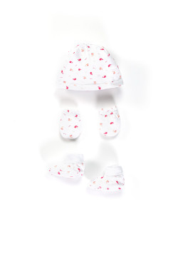 Boite cadeau Bébé Bonnet + chaussons + mouffles coloris imprimé rose