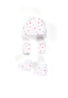 Boite cadeau Bébé Bonnet + chaussons + mouffles coloris imprimé rose Boite cadeau Bébé Bonnet + chaussons + mouffles coloris imprimé rose