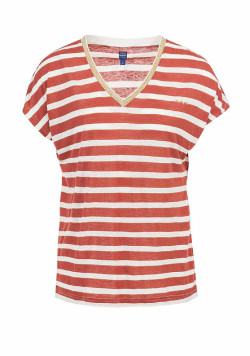 T-shirt rayé col V viscose et lin rouge Femme