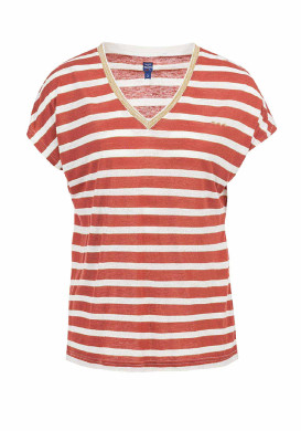 T-shirt rayé col V viscose et lin rouge Femme T-shirt rayé col V viscose et lin rouge Femme