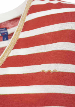 T-shirt rayé col V viscose et lin rouge Femme