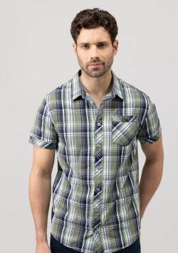 Chemise à carreaux manches courtes vert olive Homme