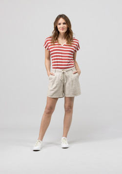 T-shirt rayé col V viscose et lin rouge Femme