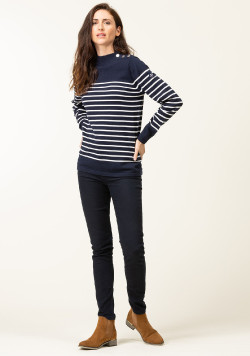 Pull rayé Femme bleu marine rayures blanches