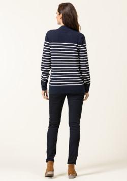Pull rayé Femme bleu marine rayures blanches