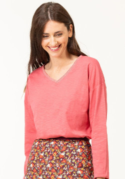 T-shirt rose manches longues col V Femme