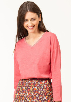 T-shirt rose manches longues col V Femme
