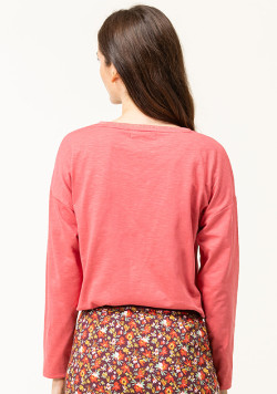 T-shirt rose manches longues col V Femme