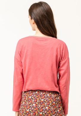 T-shirt rose manches longues col V Femme