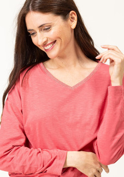 T-shirt rose manches longues col V Femme