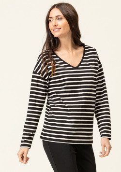 T-shirt rayé noir Femme manches longues col V
