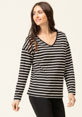 T-shirt rayé noir Femme manches longues col V T-shirt rayé noir Femme manches longues col V
