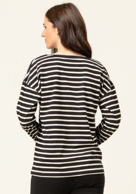 T-shirt rayé noir Femme manches longues col V T-shirt rayé noir Femme manches longues col V