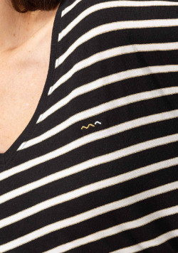 T-shirt rayé noir Femme manches longues col V