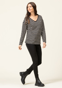 T-shirt rayé noir Femme manches longues col V