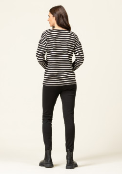 T-shirt rayé noir Femme manches longues col V