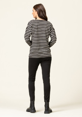 T-shirt rayé noir Femme manches longues col V T-shirt rayé noir Femme manches longues col V