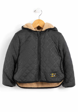 Blouson sherpa réversible avec capuche noir fille Blouson sherpa réversible avec capuche noir fille