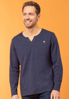 T-shirt Homme bleu marine manches longues col tunisien