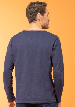 T-shirt Homme bleu marine manches longues col tunisien