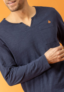 T-shirt Homme bleu marine manches longues col tunisien