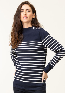 Pull rayé Femme bleu marine rayures blanches