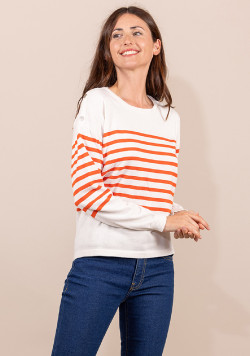 Pull marin Femme grège rayé orange