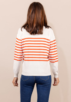 Pull marin Femme grège rayé orange Pull marin Femme grège rayé orange
