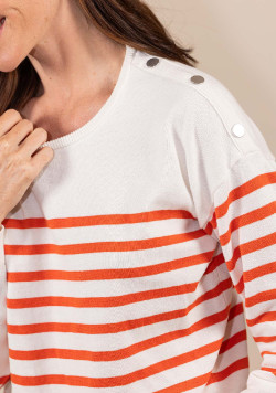 Pull marin Femme grège rayé orange